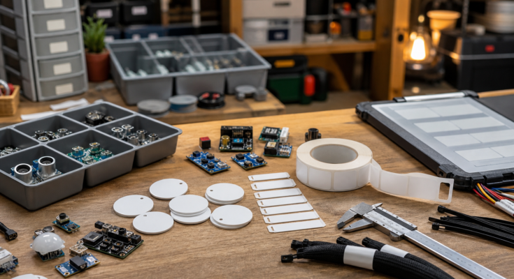 Blank NFC tags, cable labels, tools, and electronics parts arranged on a maker lab bench
