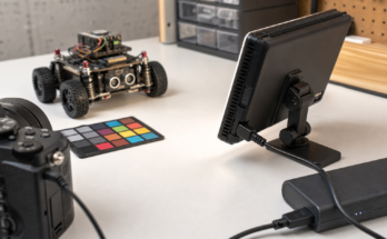 A compact LED video light, color card, camera, USB-C power bank, and small robot chassis on a maker workbench.