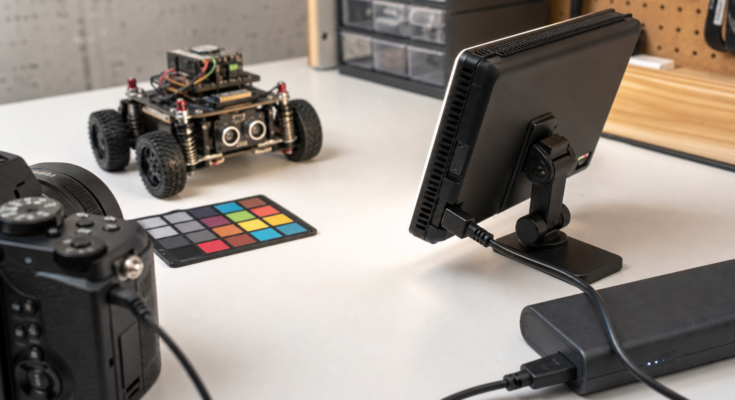 A compact LED video light, color card, camera, USB-C power bank, and small robot chassis on a maker workbench. A compact LED video light, color card, camera, USB-C power bank, and small robot chassis on a maker workbench.