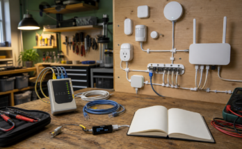 Maker-lab smart-home reliability test wall with sensors, hub, router, cables, and test tools