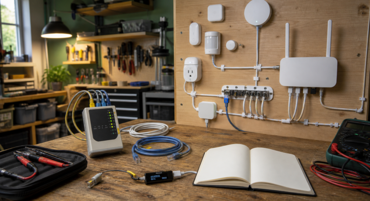 Maker-lab smart-home reliability test wall with sensors, hub, router, cables, and test tools Maker-lab smart-home reliability test wall with sensors, hub, router, cables, and test tools