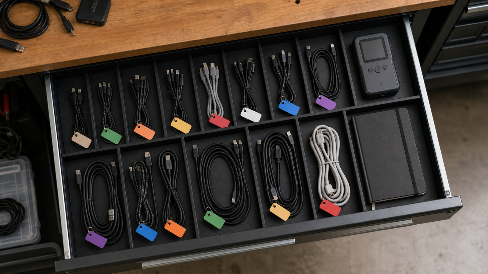 Maker lab drawer with USB-C cables separated for testing