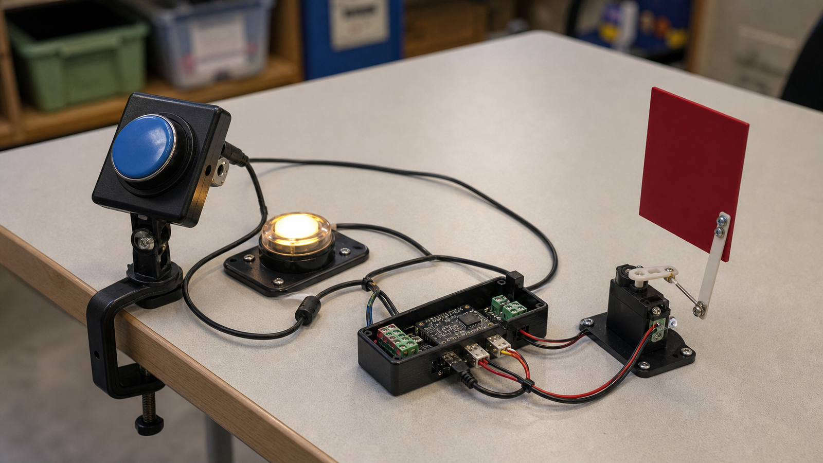 Adjustable switch mount and feedback light for an accessible STEM activity