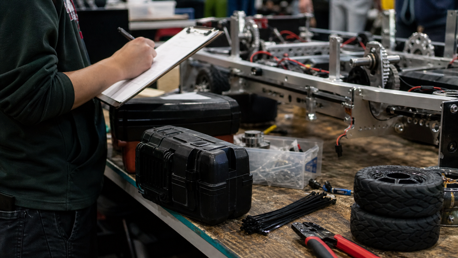 Robotics pit workbench with tools, spare wheels and battery case