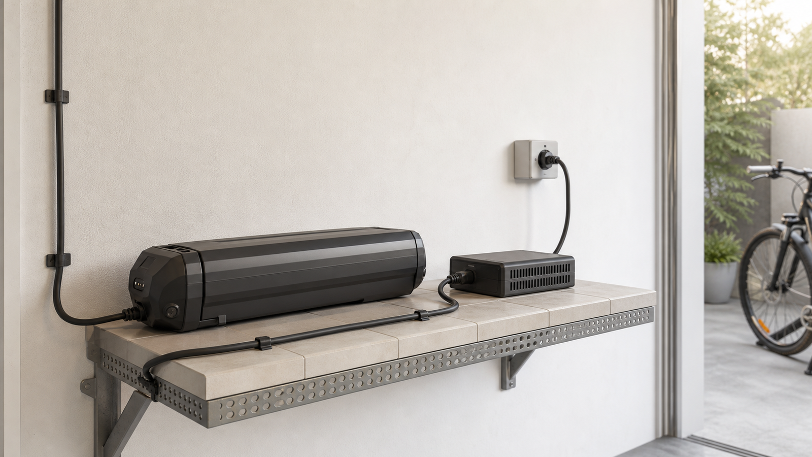 Clean e-bike battery charging shelf with ventilation and cable strain relief