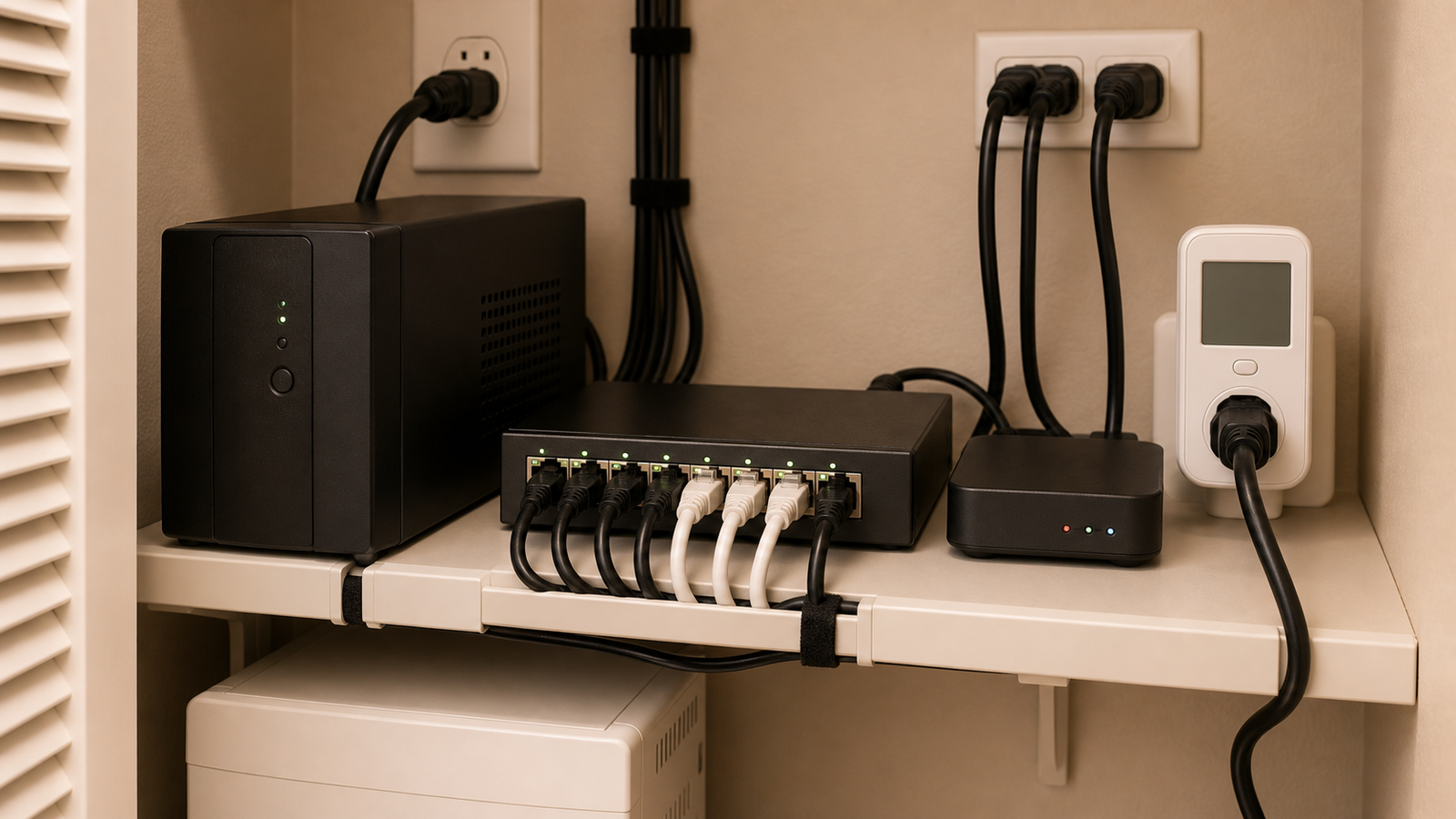 UPS-backed network shelf with PoE switch and smart-home controller