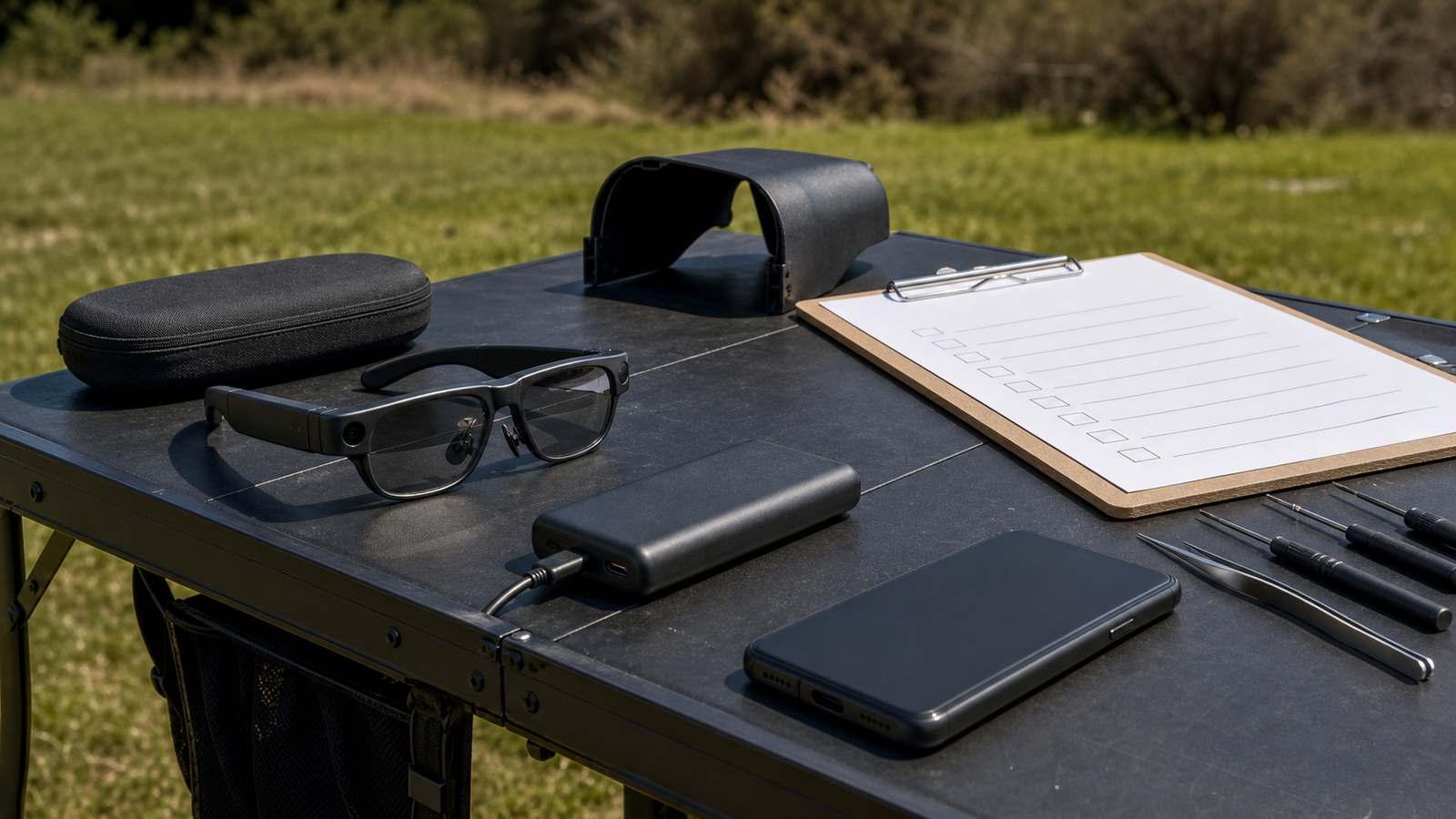 Field checklist setup for testing smart glasses outdoors with battery pack and phone