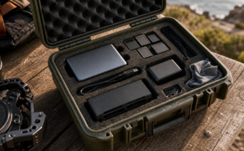 Rugged field case with generic portable SSD, memory cards, reader, cable, and camera gear for backup workflow