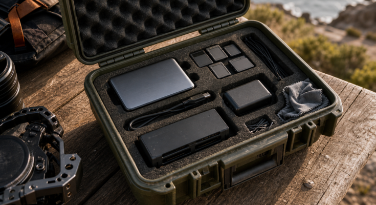 Rugged field case with generic portable SSD, memory cards, reader, cable, and camera gear for backup workflow Rugged field case with generic portable SSD, memory cards, reader, cable, and camera gear for backup workflow