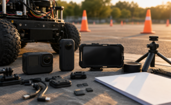 Generic action camera, 360 camera, phone cage, mounts, memory cards, and robot wheel at an outdoor test field
