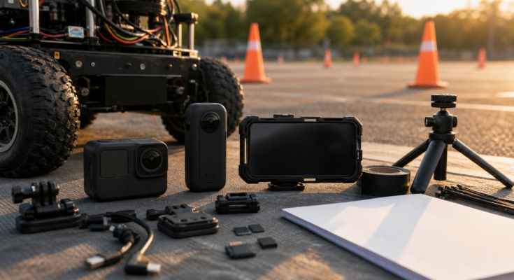 Generic action camera, 360 camera, phone cage, mounts, memory cards, and robot wheel at an outdoor test field