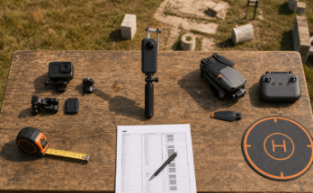 An outdoor field kit with an unbranded action camera, 360 camera, compact drone, batteries, and mounts on a table.
