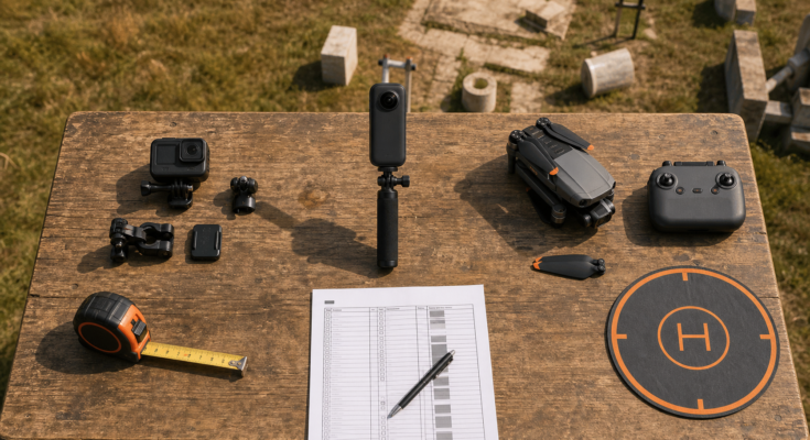 An outdoor field kit with an unbranded action camera, 360 camera, compact drone, batteries, and mounts on a table. An outdoor field kit with an unbranded action camera, 360 camera, compact drone, batteries, and mounts on a table.