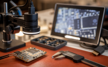 Macro maker bench with USB microscope camera, PCB, tweezers, calipers, and blurred inspection monitor