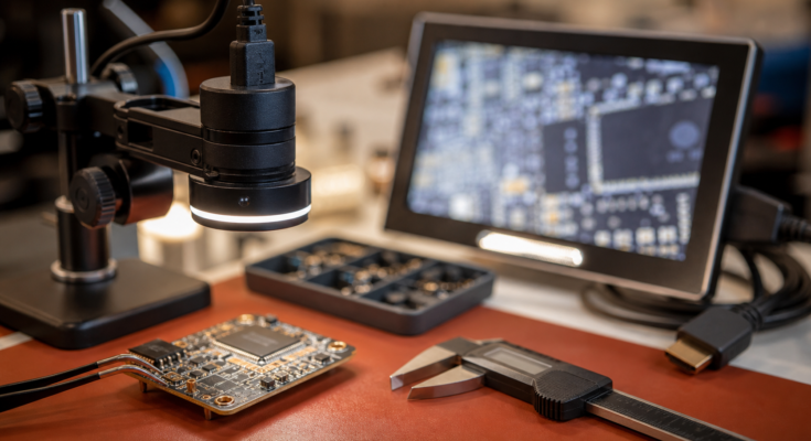 Macro maker bench with USB microscope camera, PCB, tweezers, calipers, and blurred inspection monitor