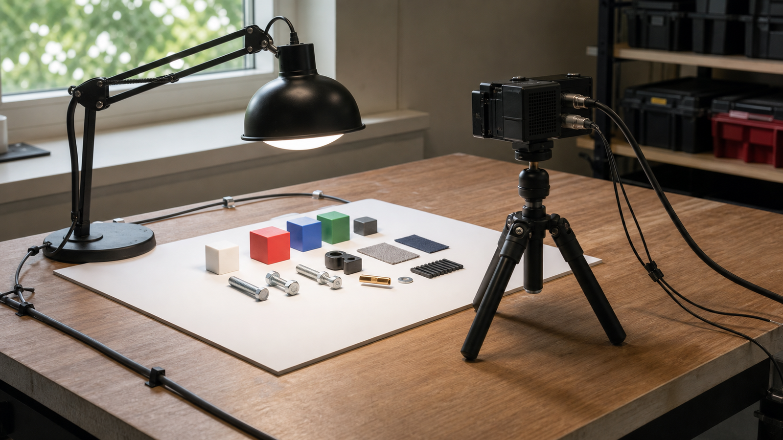 Camera test scene for a maker AI project with lighting and object samples