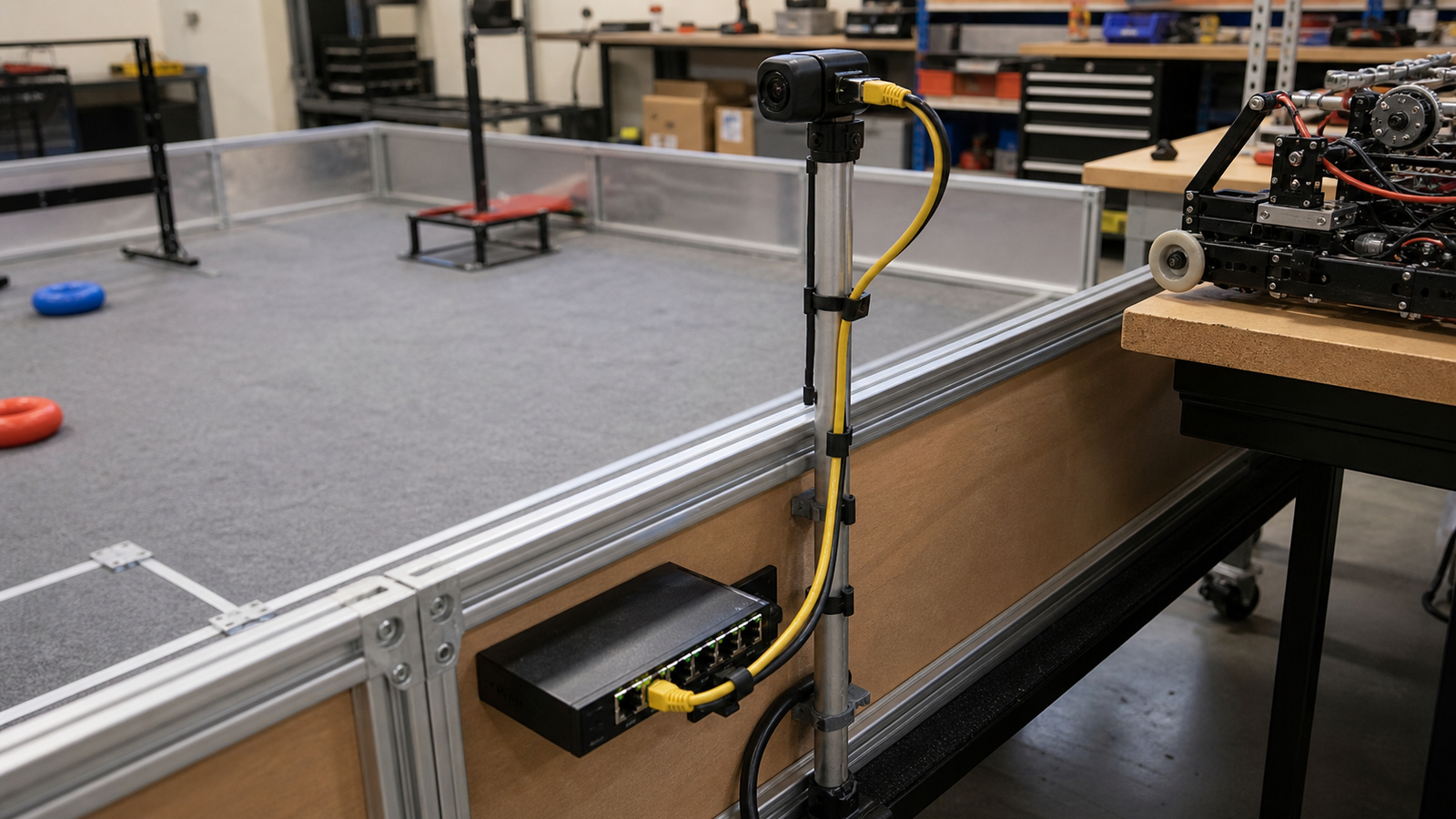 PoE camera mounted on a small robot field mast with tidy Ethernet cable
