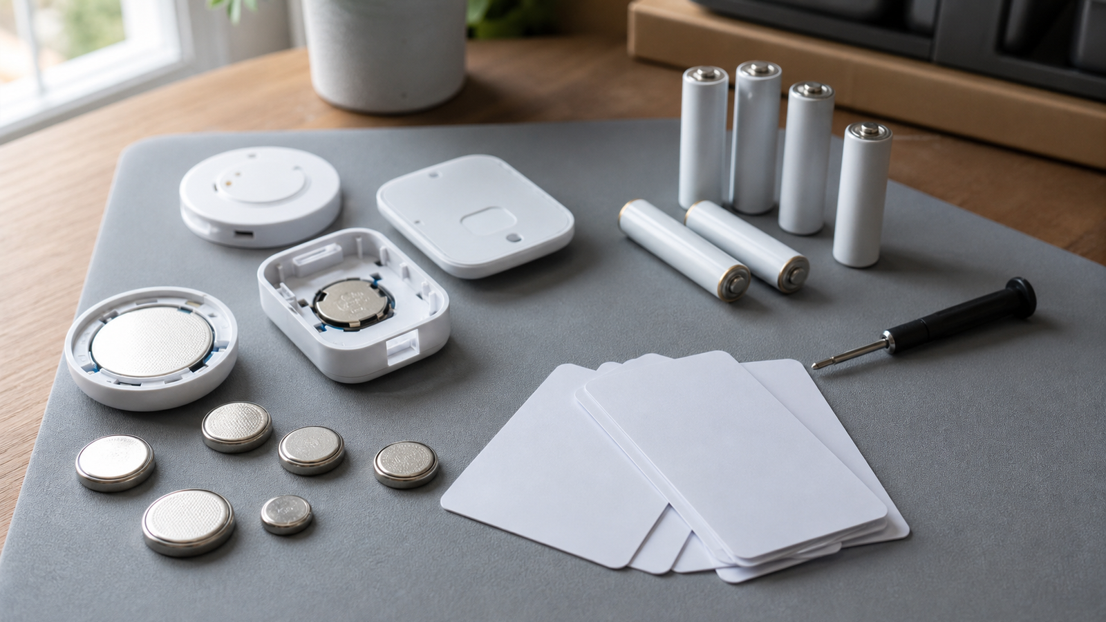 Battery replacement kit for smart home sensors organized by location