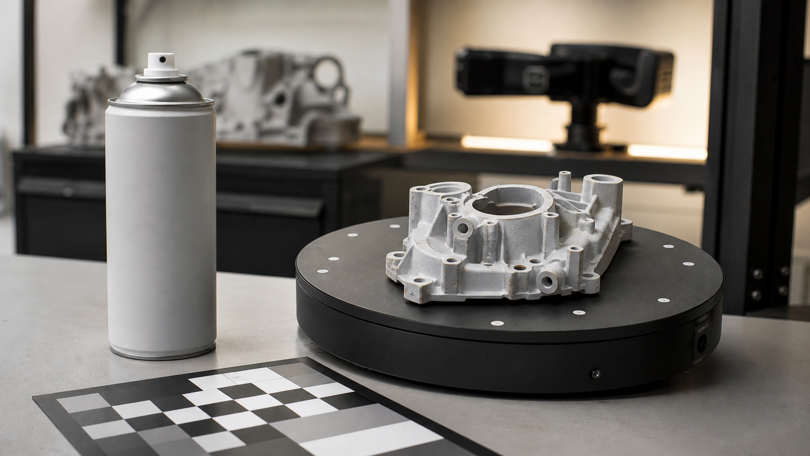 3D scanning prep bench with matte spray, calibration card, small part, and turntable