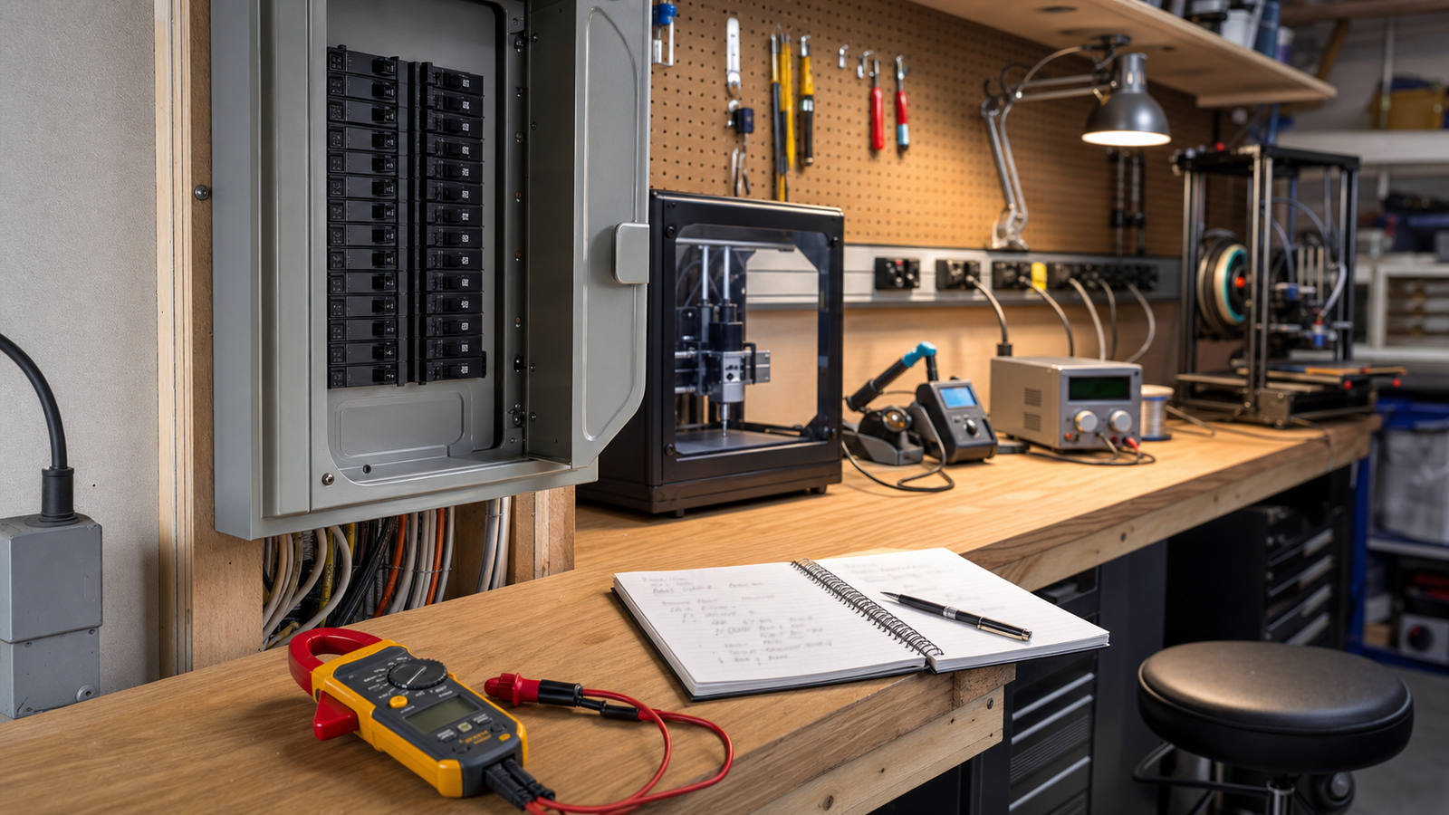 Clamp meter and planning notebook near a garage electrical panel area