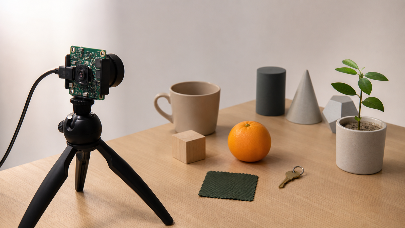 Dataset capture setup with AI camera module, varied objects, shadows, and neutral background