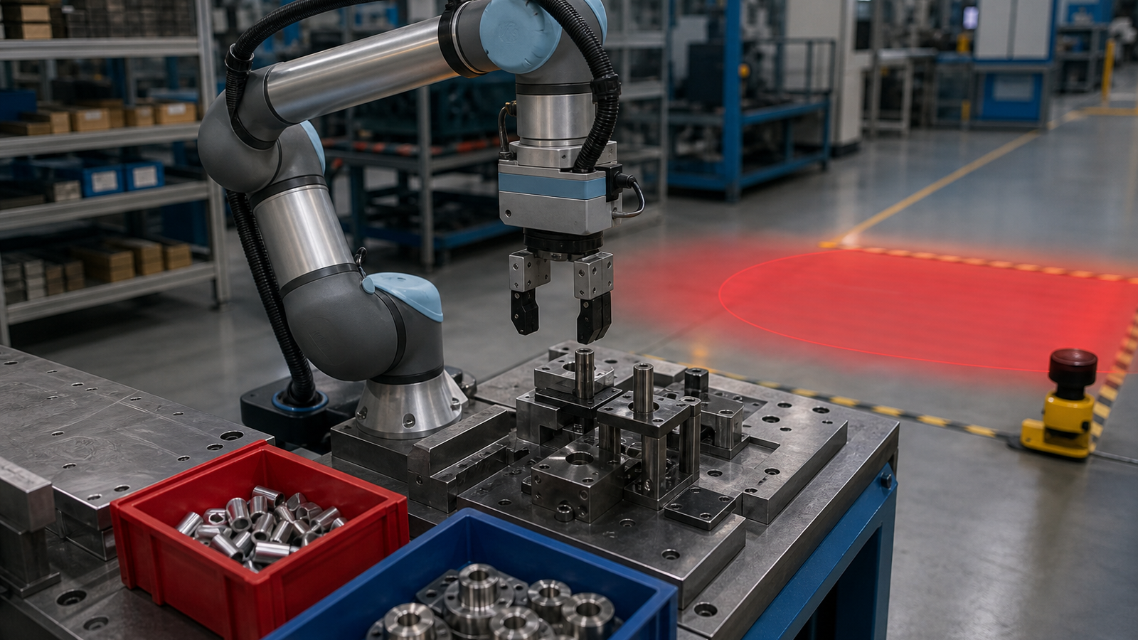 Collaborative robot workcell with fixture table, safety scanner, and production bins