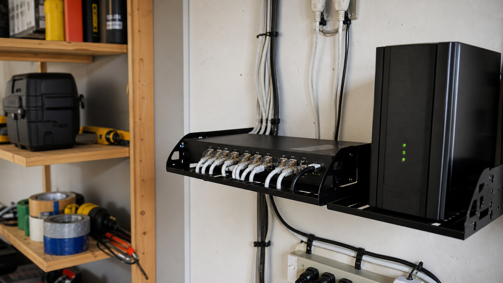 PoE switch feeding cameras and environmental sensors in a tidy home-lab rack
