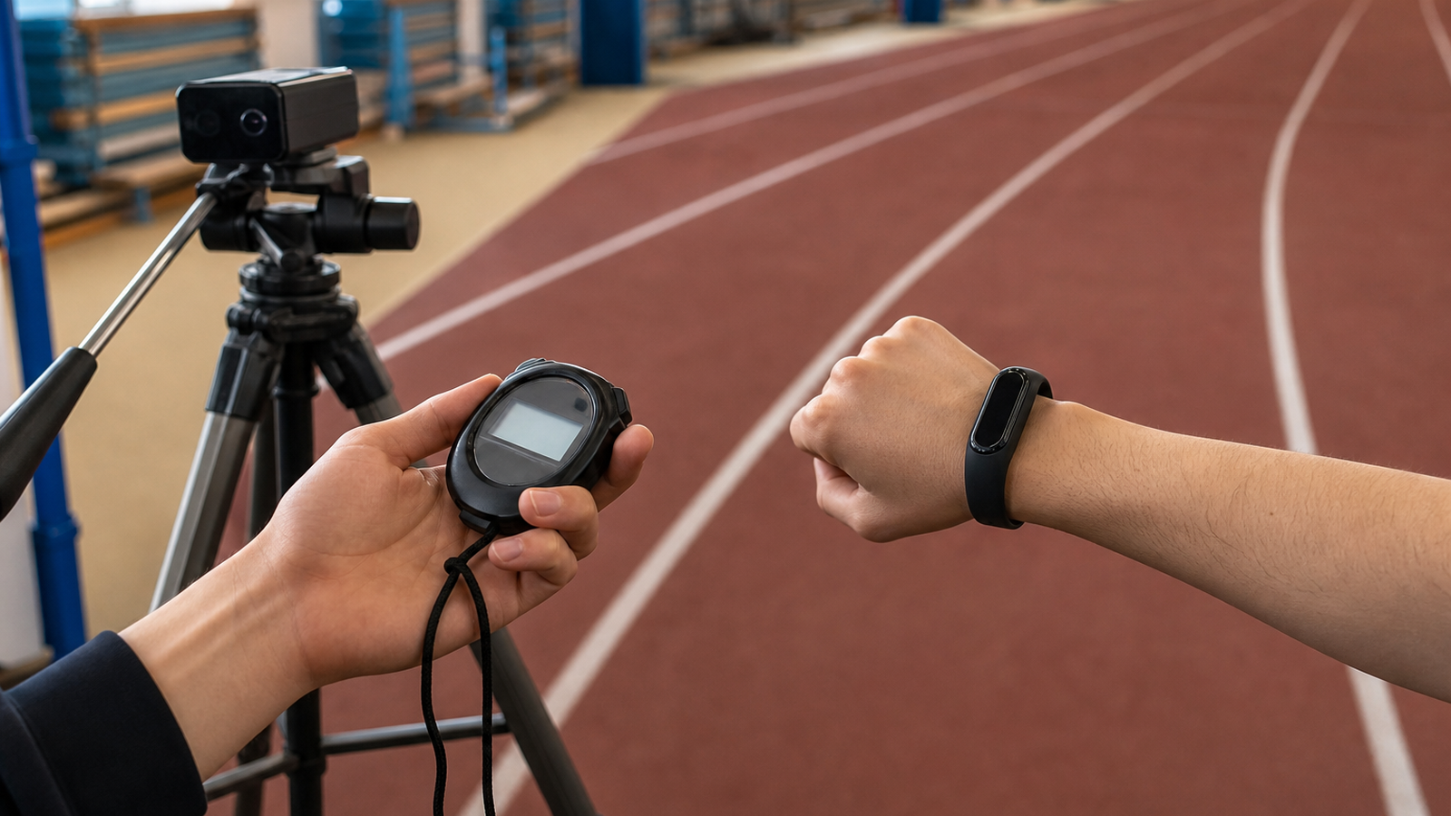 Students comparing stopwatch, wearable sensor, and camera data beside a running lane