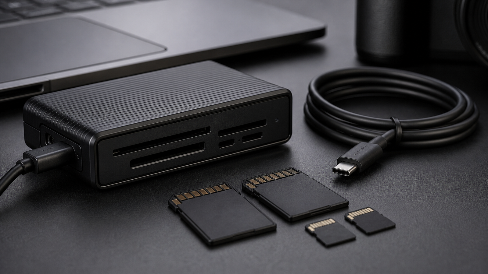 Close-up of labeled memory card slots and rugged card reader for field backup planning