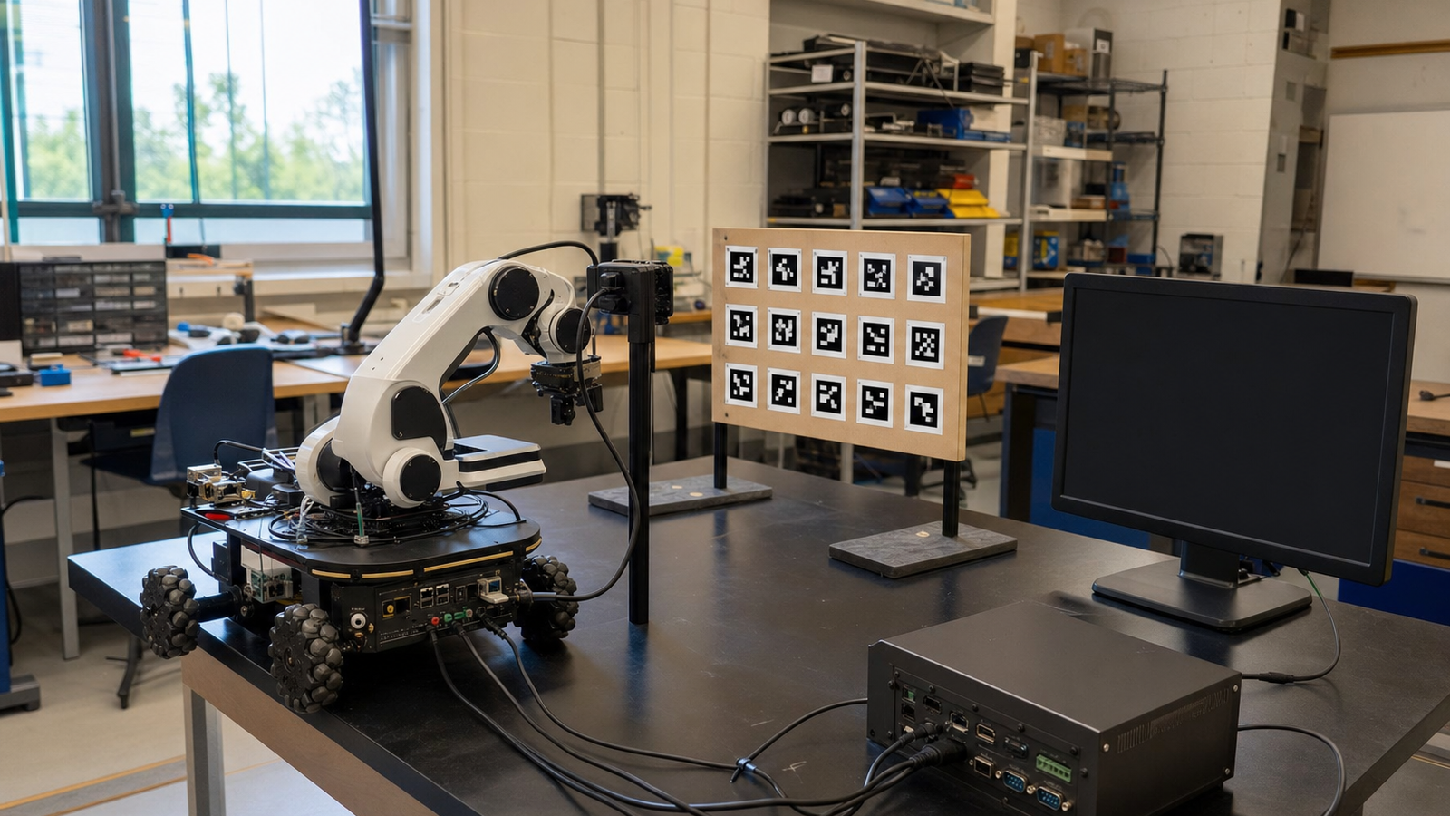 Classroom robot on a bench facing calibration targets with a laptop off to the side