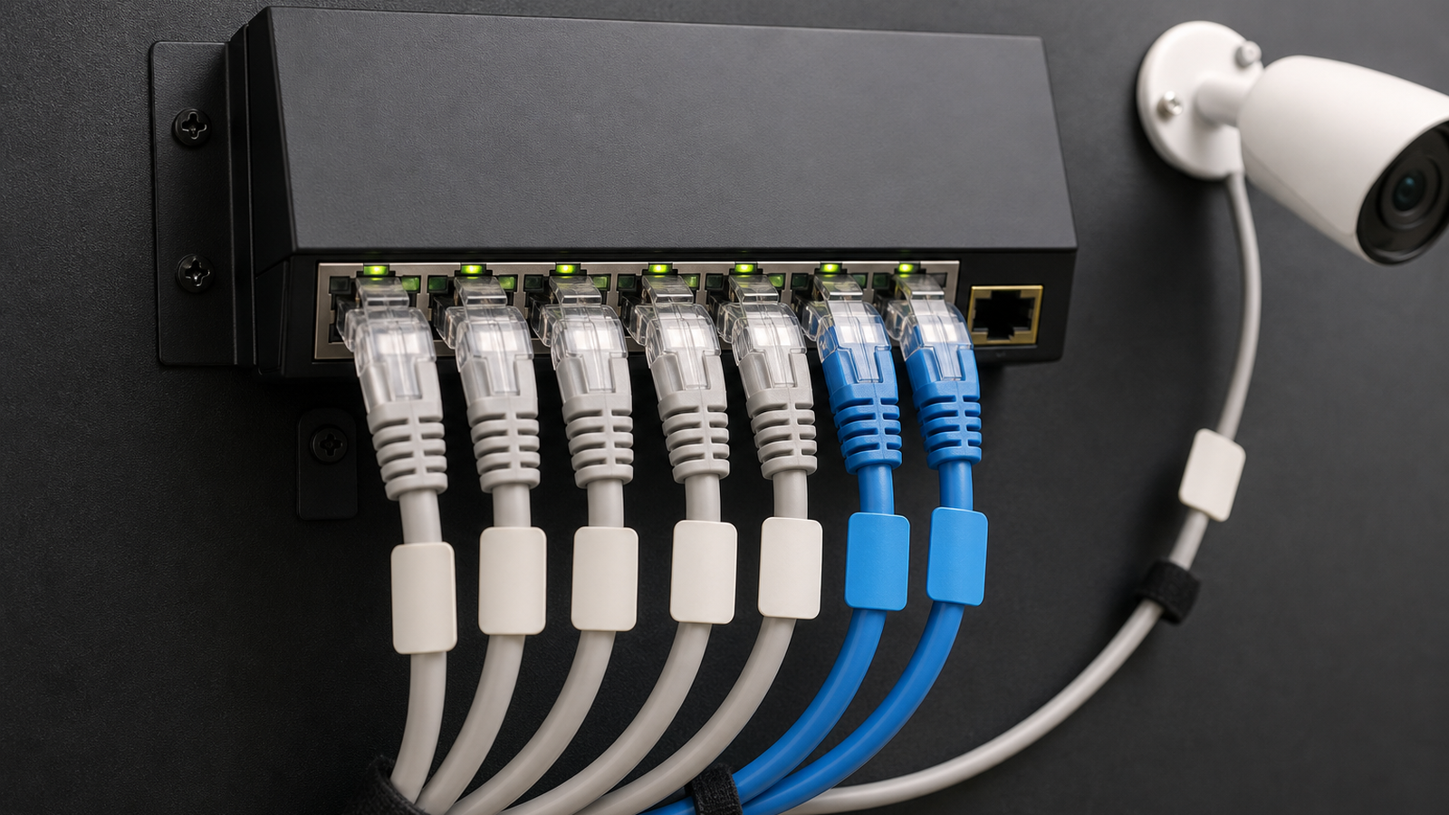 Ethernet cable labels and PoE switch ports for robot lab cameras