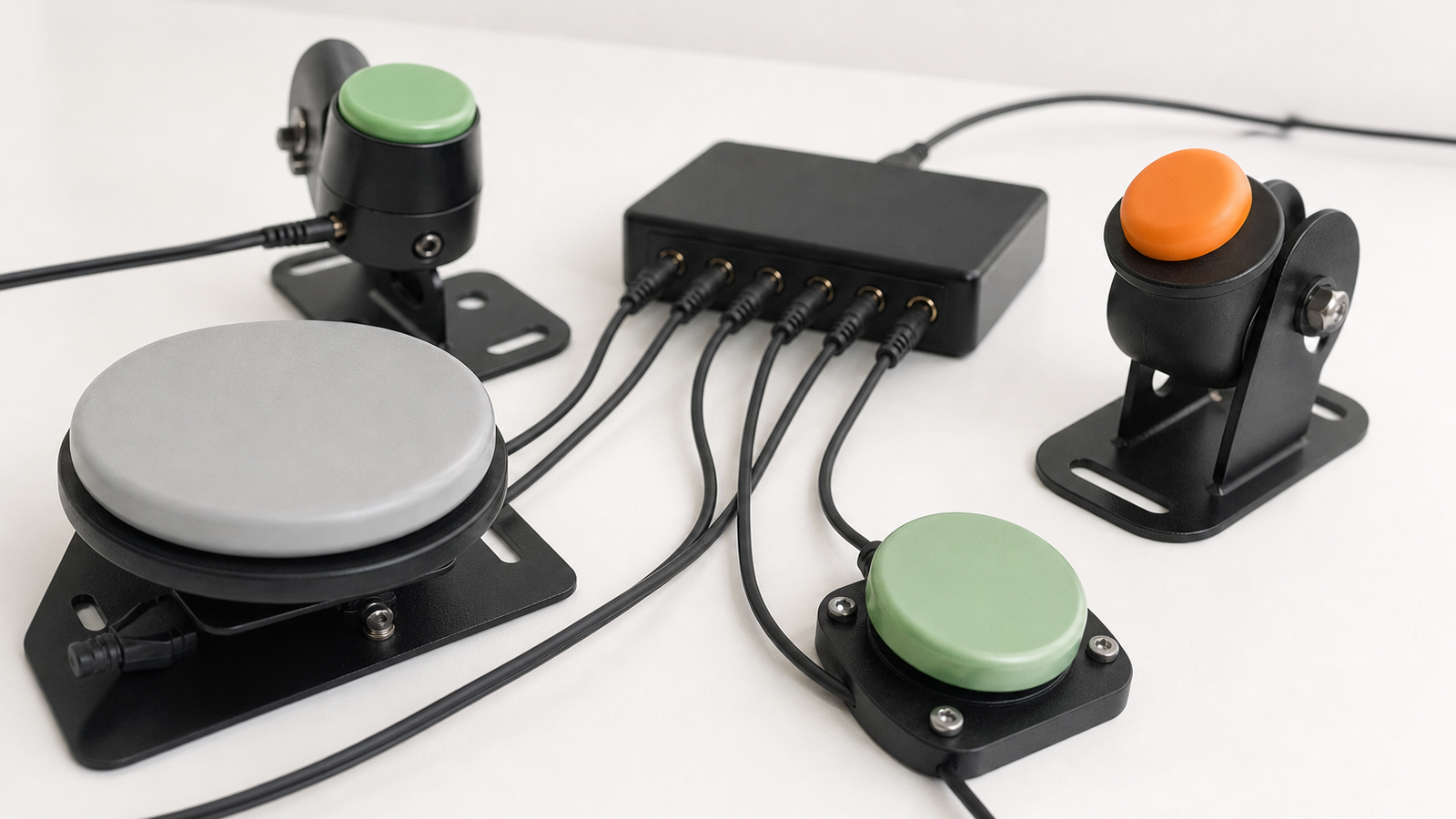 Close-up of modular adaptive switches mounted at different angles for testing