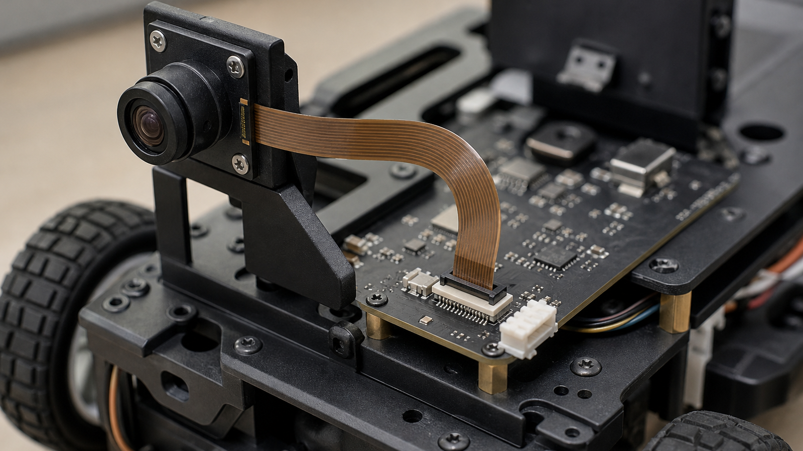 Close-up of ribbon cable camera module mounted on small robot chassis