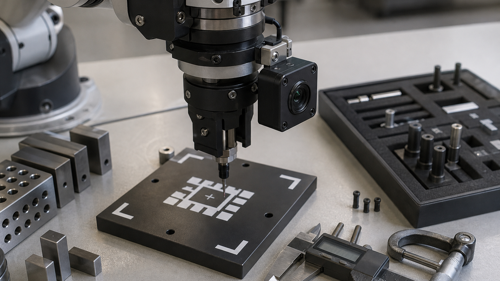 Close view of robot-arm test fixture and calibration target used for simulation validation