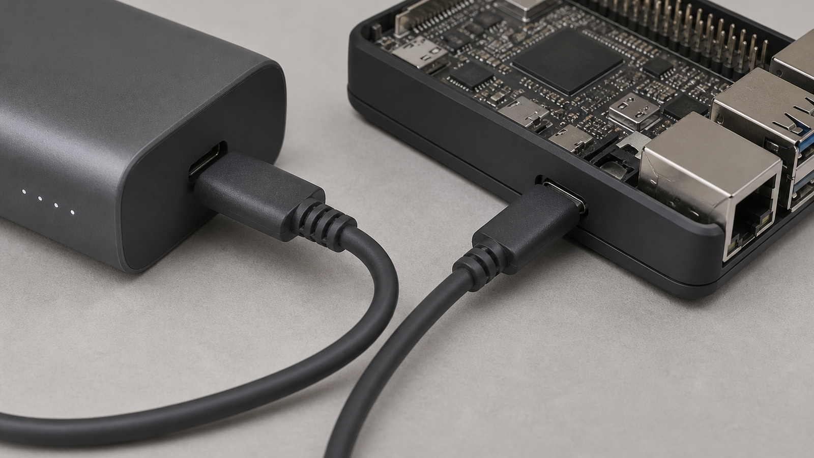 Close-up of USB-C PD cable connected to unbranded battery pack and device