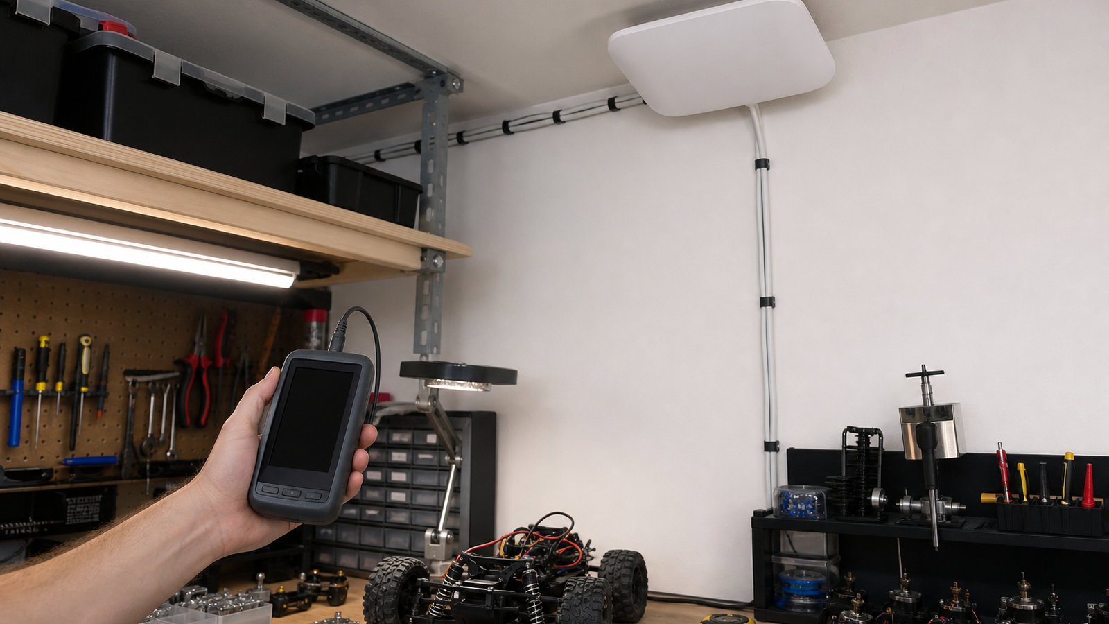 Ceiling access point placement test with signal meter and maker workbench below