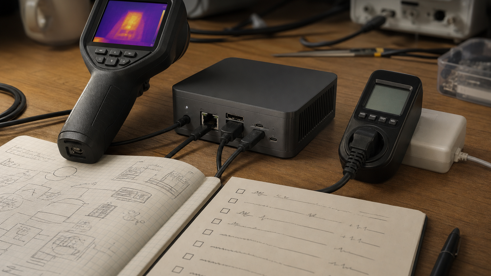 Close-up documentary photo of developer notes, thermal camera, watt meter and inference latency checklist beside an unbranded