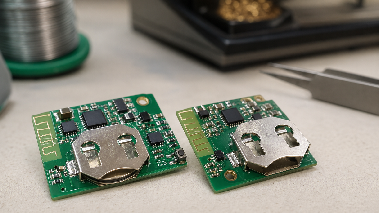 Close-up of two small unbranded wireless sensor boards and coin-cell holders on a clean bench, antenna areas plausible, no re