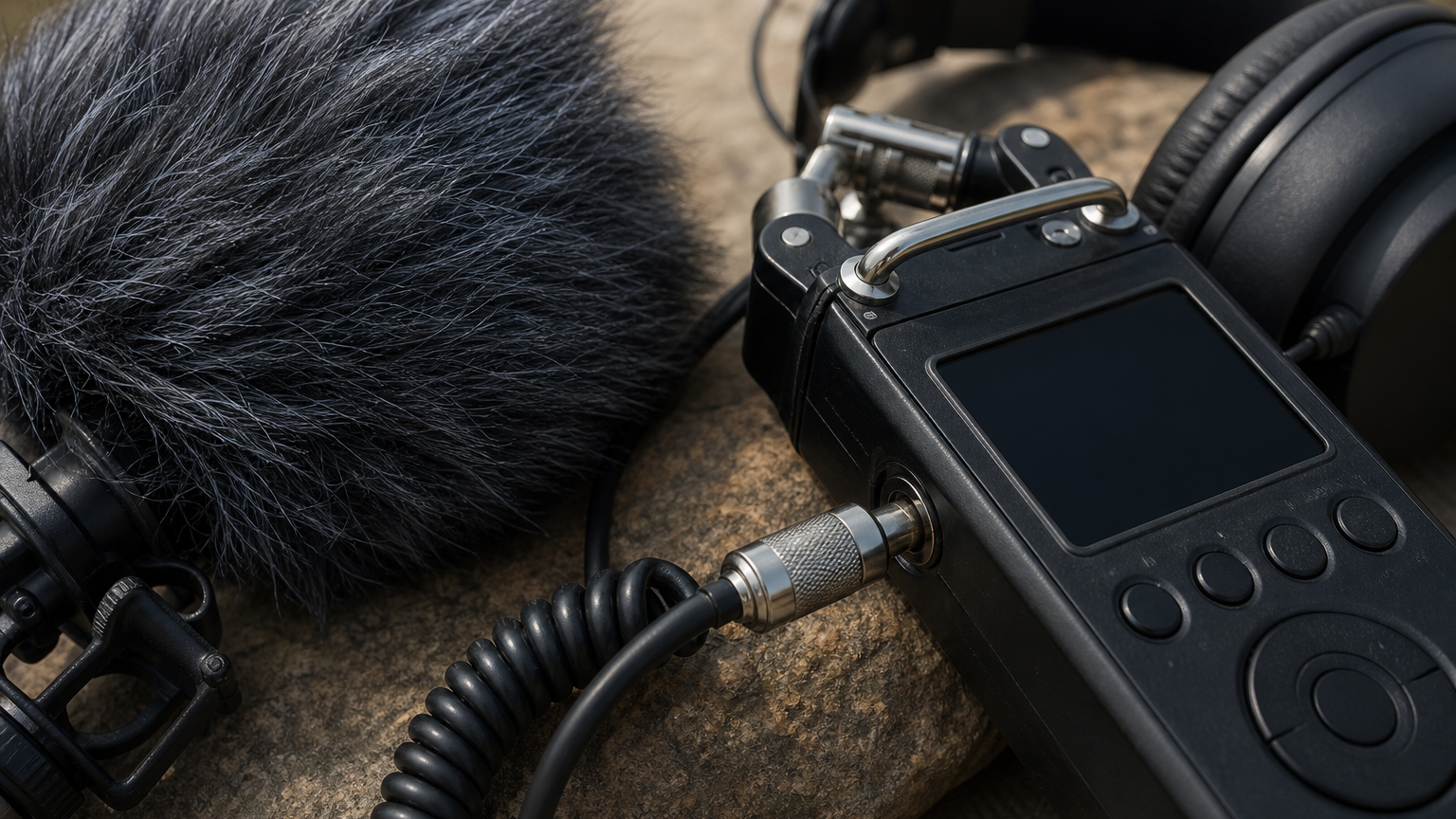 Close-up of microphone windscreen, headphones, audio recorder with blank display, and coiled cable connected to a real input jack; natural outdoor lig