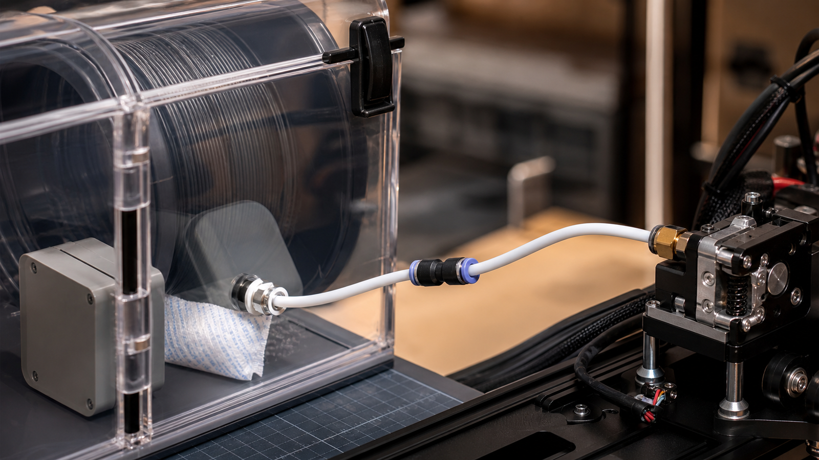 Macro photo of filament path from dry box through PTFE tube to extruder, with desiccant pack and hygrometer turned away