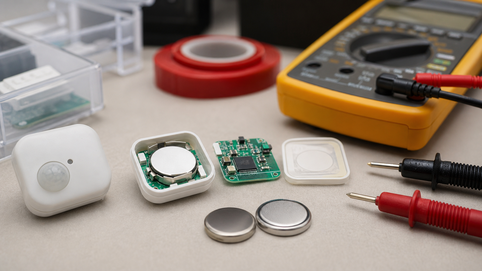 Close-up of small wireless sensors, coin-cell batteries, multimeter and mounting tape arranged on a table