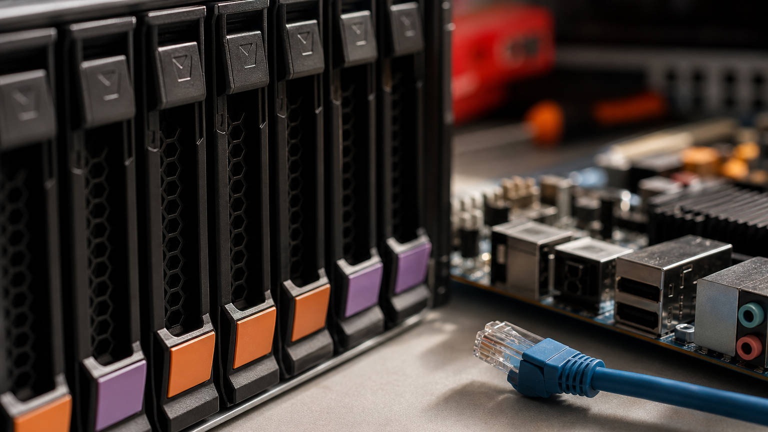 Close-up of drive trays, labeled color tabs without readable words, Ethernet patch cable, and project electronics on a clean workbench; realistic port