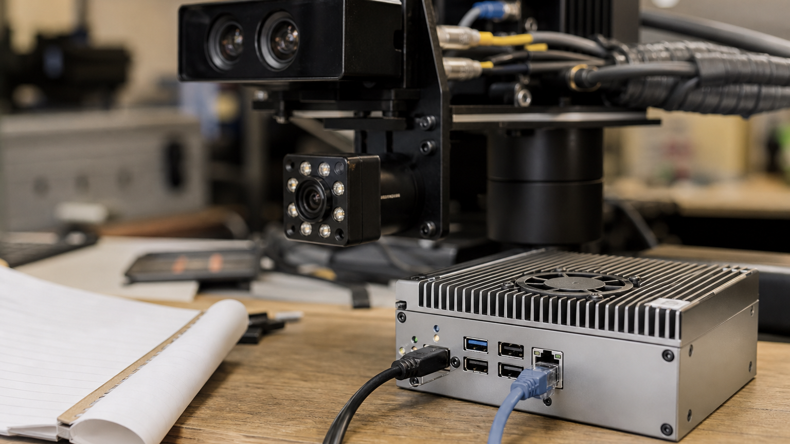 Close documentary photo of robot sensors, an unbranded edge compute module, cooling fan, Ethernet cable, and latency notebook with pages turned away s