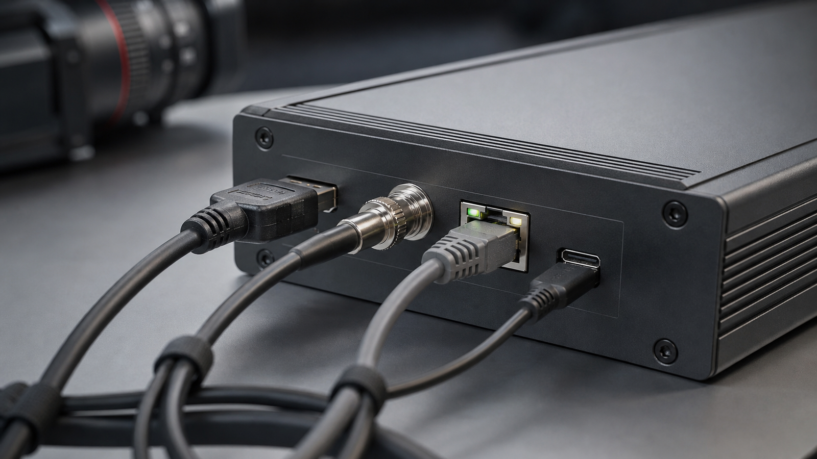 Close-up of HDMI, SDI-style coax, Ethernet and USB-C cables neatly strain-relieved into a compact encoder case