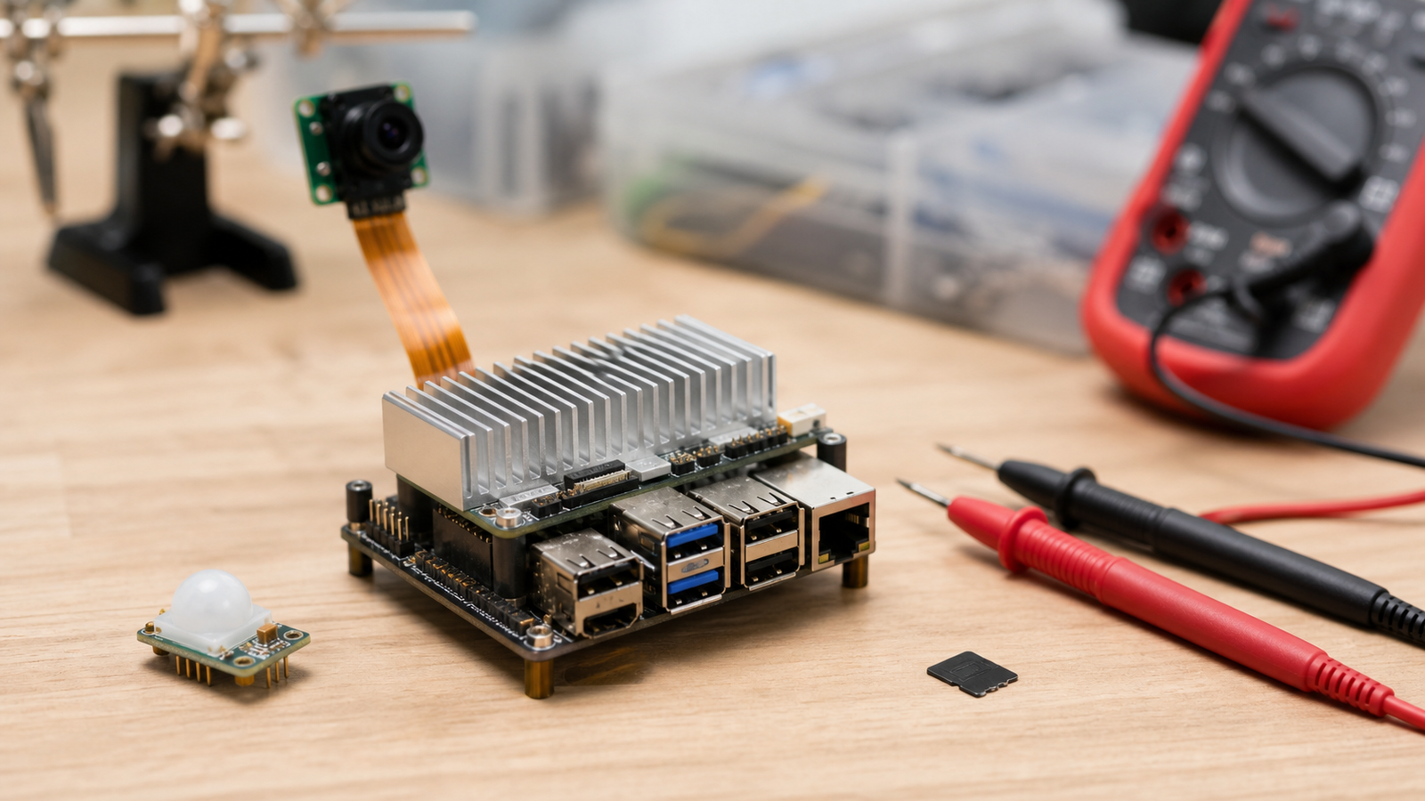 Close-up of edge-AI maker hardware: compact board, camera ribbon, sensor module, heatsink, microSD card, and multimeter probes resting safely nearby