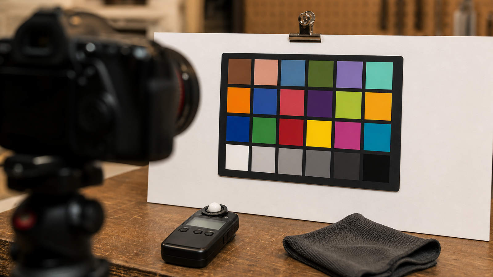 Close-up of calibration board clipped flat to foam core, light meter, lens cloth and camera on tripod, realistic shadows, no