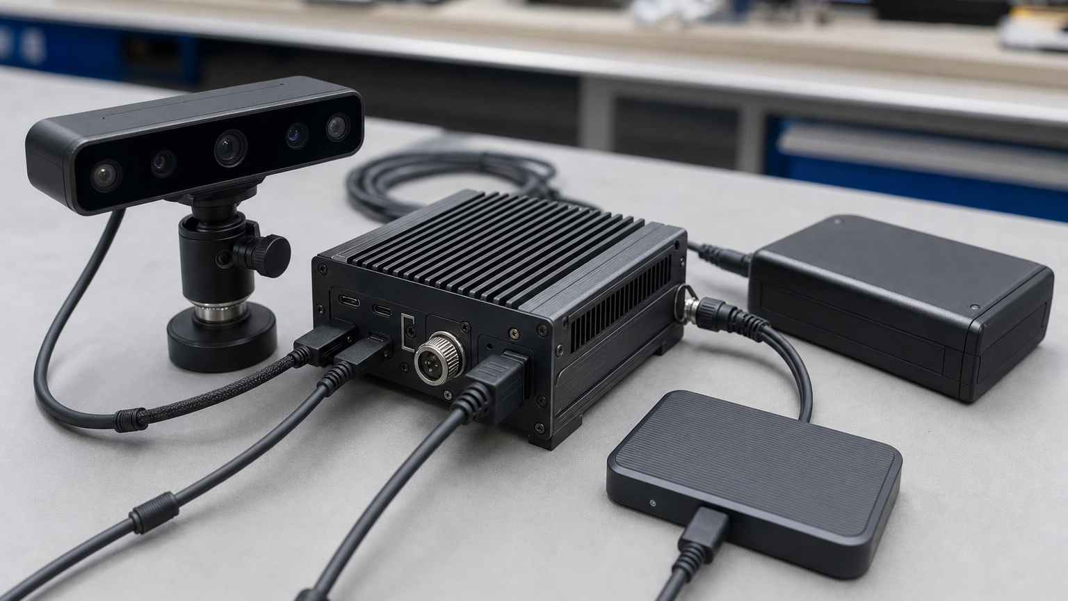 Close-up of robot controller, depth camera, external SSD and battery pack wired neatly with strain relief; no logos, no text labels, physically cohere