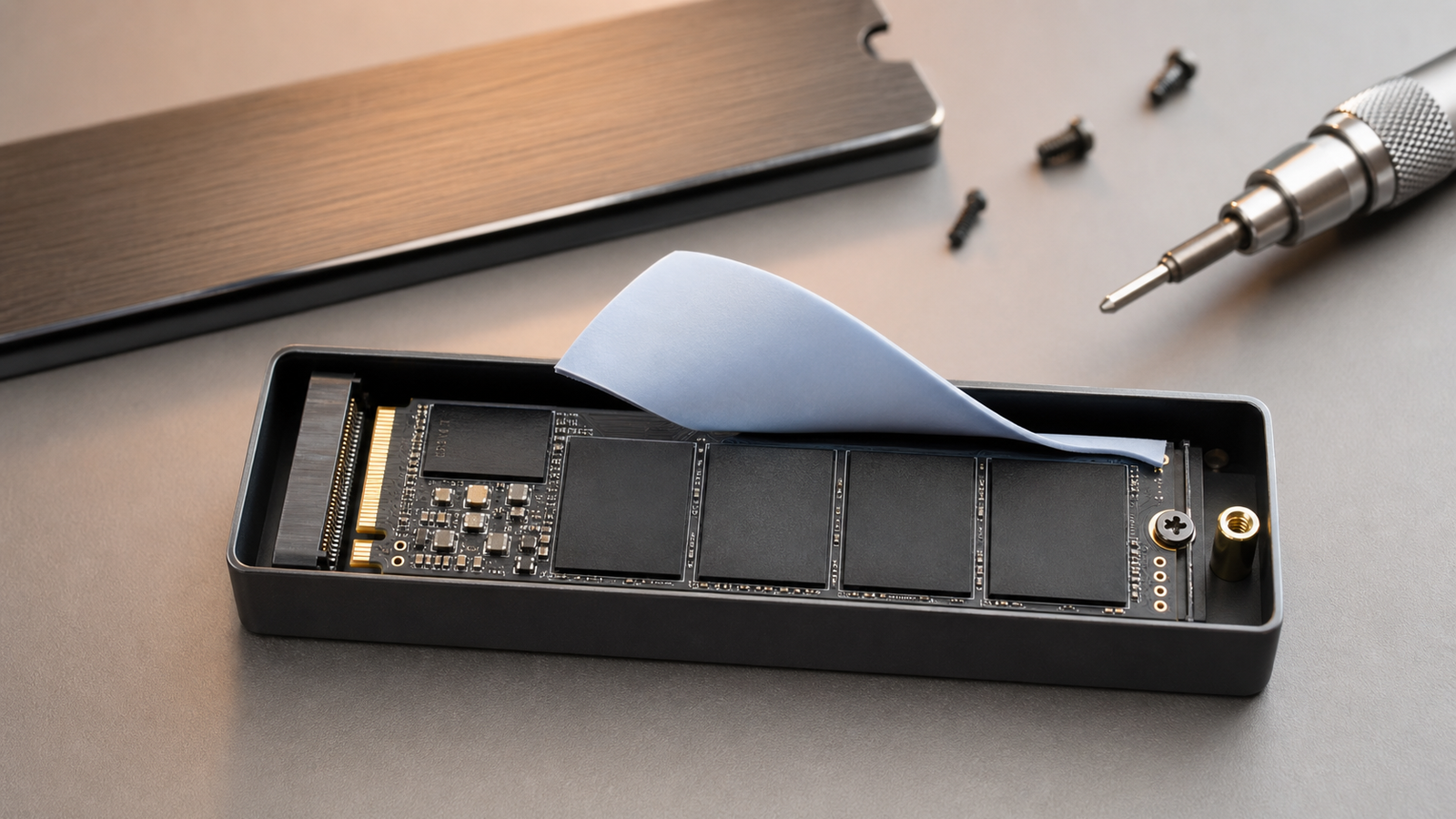 Macro close-up of open unbranded NVMe enclosure with SSD, thermal pad, heat spreader and tiny screwdriver