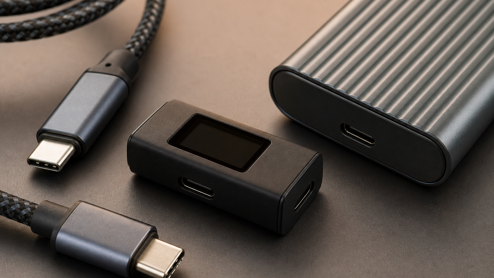 Macro photo of USB-C connector tips, braided cable, watt meter and SSD enclosure on matte surface, physically plausible conne