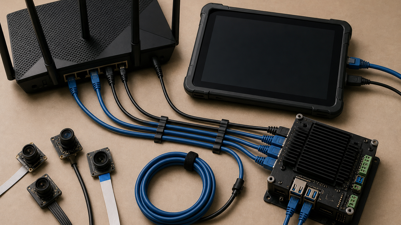 Overhead technical still life of Wi-Fi router, spectrum analyzer-like tablet with blank screen, Ethernet cables, robot contro
